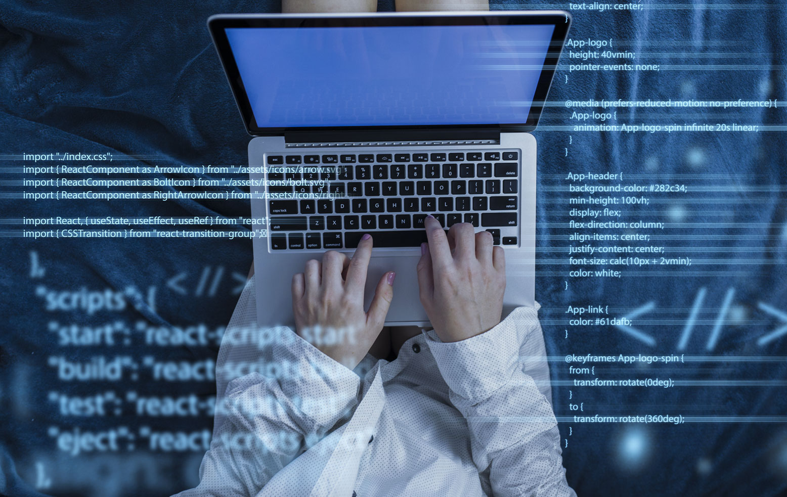 Code and interface glowing in the dark.