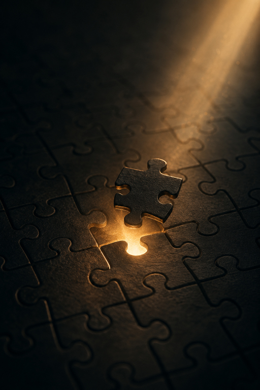 A nearly completed dark jigsaw puzzle with the final piece illuminated above its place, symbolizing the moment complex ideas come together.