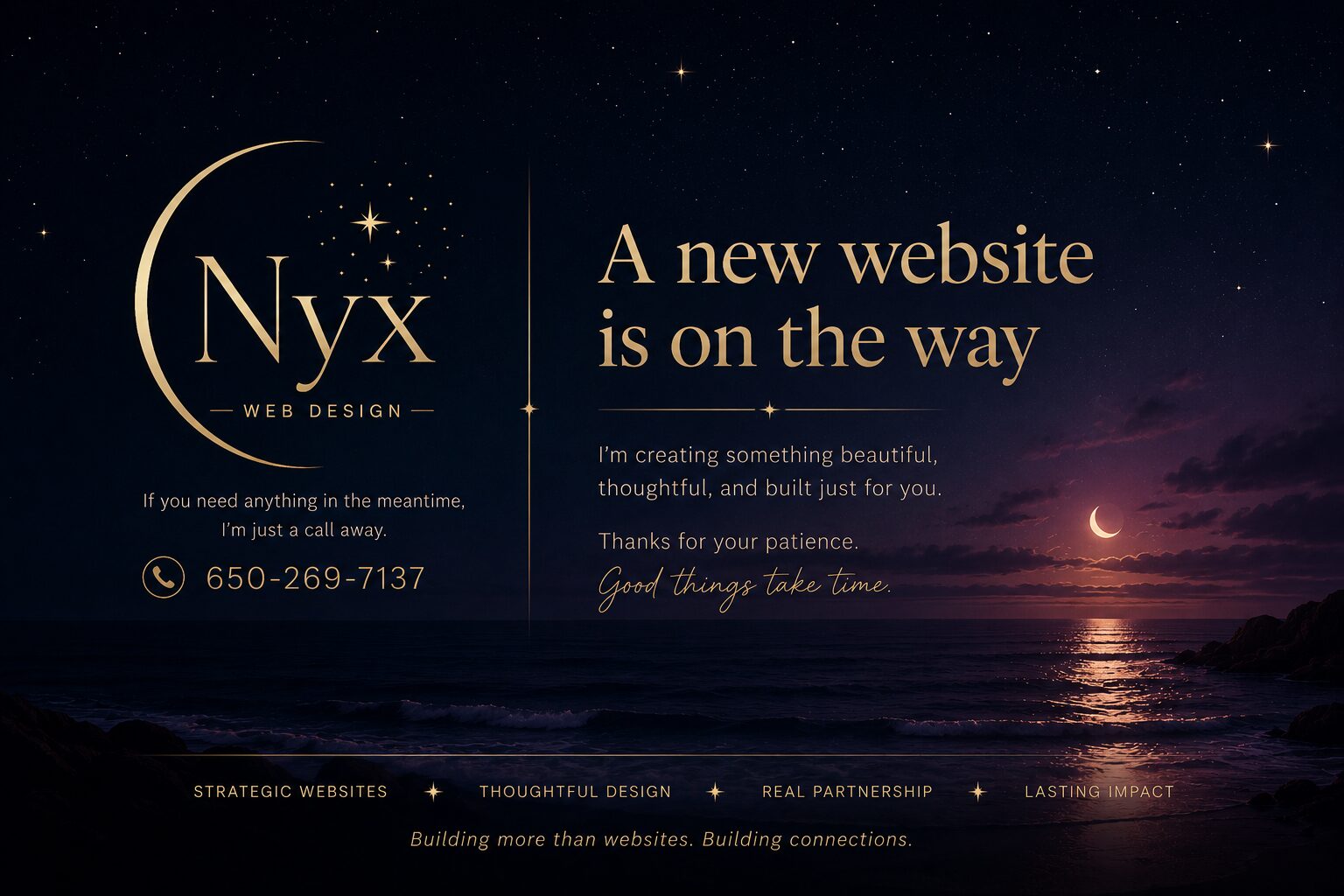 Nyx Web Design coming soon page announcing a new website is on the way.